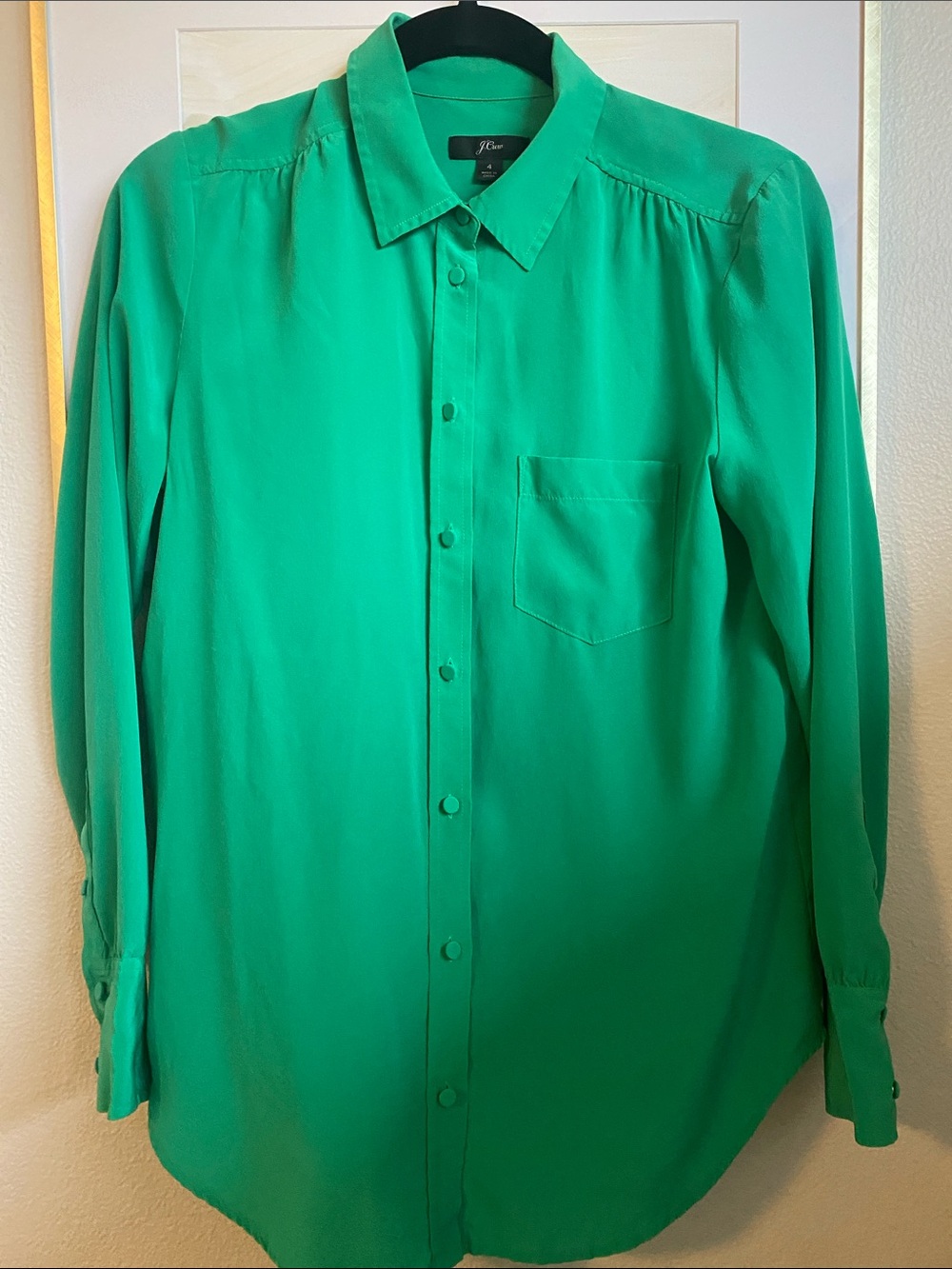 J. Crew 100% Silk Emerald Green Button-Up Shirt with Chest Pocket, Sz 4